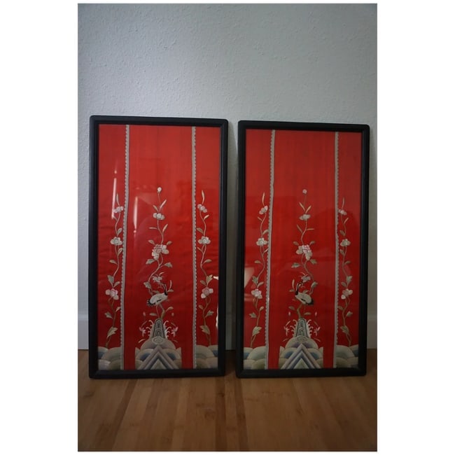 Pr of Antique Chinese embroidered Hand Stitched On Silk Panels - 2