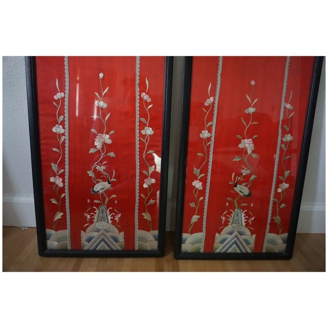 Pr of Antique Chinese embroidered Hand Stitched On Silk Panels - 5