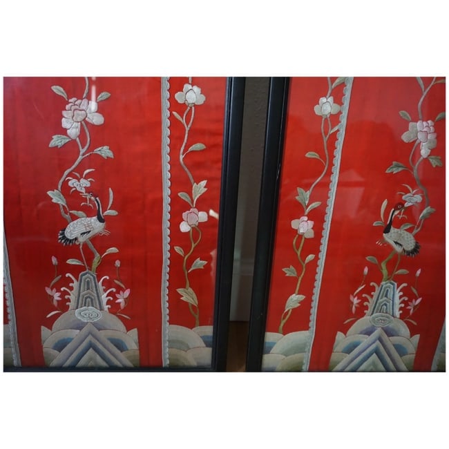 Pr of Antique Chinese embroidered Hand Stitched On Silk Panels - 6