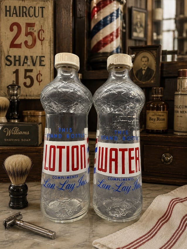 2 DURAGLASS THIS STAND BOTTLES WATER & LOTION COMPLIMENTS LAN-LAY INC: Date/Period: Approx 1950's Dimension: Approx. 7.5" x 2" wide Material: glass Additional Information: 2 DURAGLASS THIS STAND BOTTLES WATER & LOTION COMPLIMENTS LAN-LAY INC Shipping: Domestic: