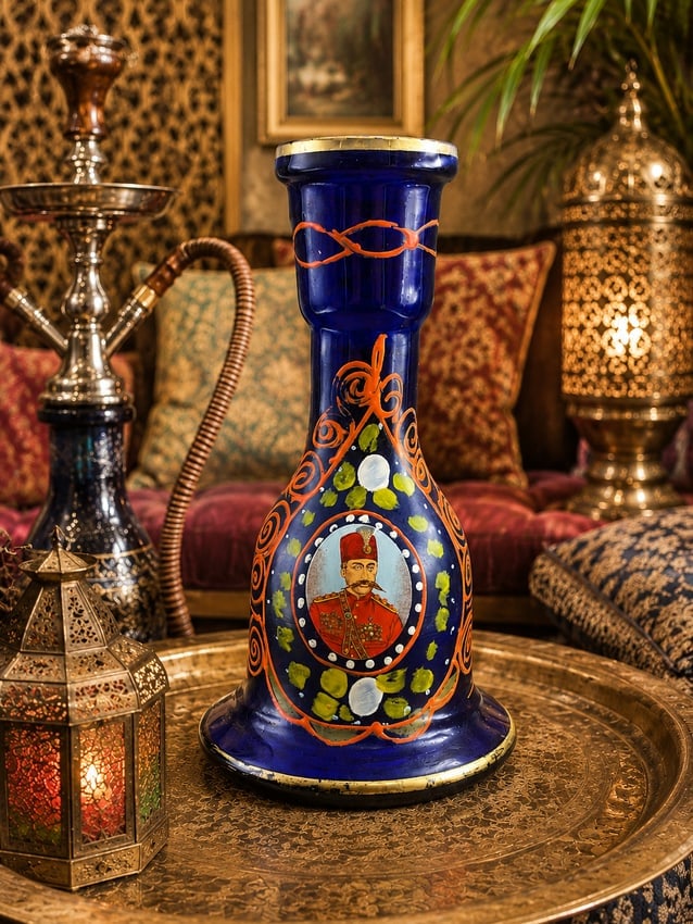 Persian Qajar Cobalt Blue Pipe Hookah Nargileh Shisha Base Glass Vase Naser Shah: Date/Period: unknown Dimension: Approx. 10.5" x 6" Material: glass Additional Information: A beautiful vintage hand crafted glass hookah base with 2 applique medallions of Nasser Al Din Shah