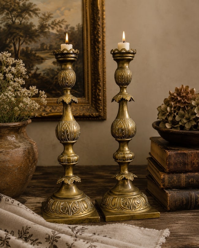 Pair Antique Ornate Brass Candlesticks with Hallmark: Date/Period: UNKNOWN Dimension: approx 14 x 4.5 x 4.5 Material: brass Additional Information: Pair Antique Ornate Brass Candlesticks with Makers Mark Shipping: Domestic: Flat-rate of $18.00 to