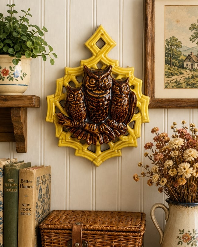 Vintage 1967 McCoy Owl Wall Plaque / Wall Pocket: Date/Period: 1967 Dimension: Approx. 8" x 6" x 2" Material: ceramic Additional Information: Charming vintage 1967 McCoy owl wall plaque featuring a trio of stylized owls perched against an openwork