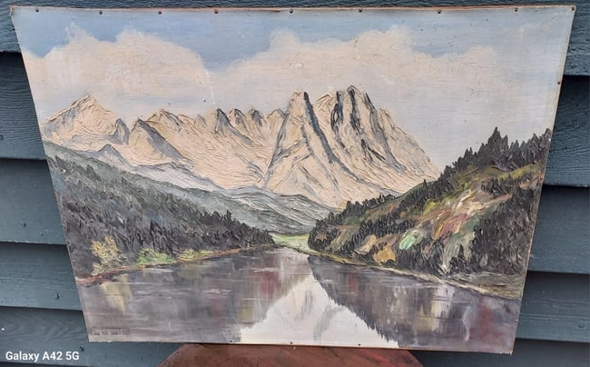 Mountain scene oil painting on Board 1920 signed great colors: Great looking piece in excellent condition. Piece is painted on canvas and nailed to board. Measures 16 x 20" plus beautiful frame Shipping charges include insurance. Shipping: Domestic: Flat-rate of
