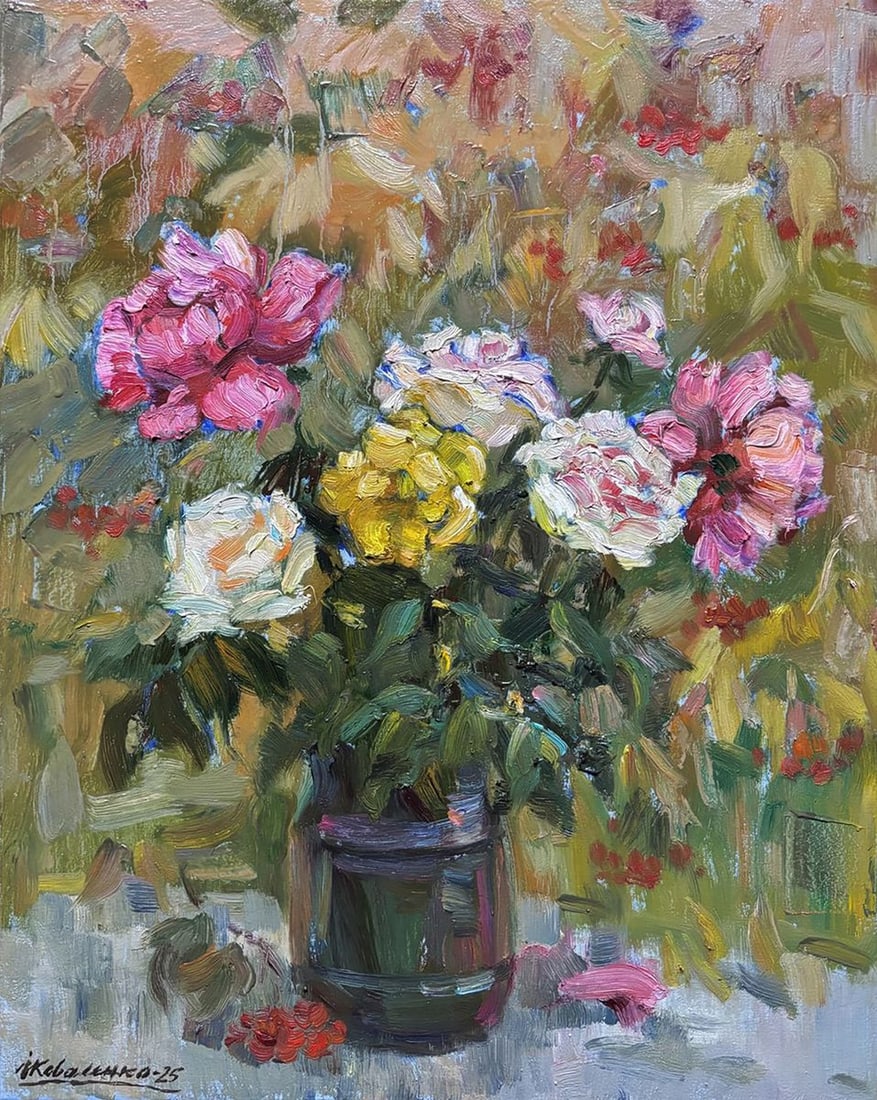 Oil painting Autumn Roses in a Vase Ivan Kovalenko: Title: Oil painting Autumn Roses in a Vase Ivan Kovalenko Description: NoKoval 276*** ABOUT THIS PAINTING **** TITLE: "Autumn Roses in a Vase" * ARTISTS: Ivan Kovalenko* SIZE: 50x40 cm/'19.68x15.74