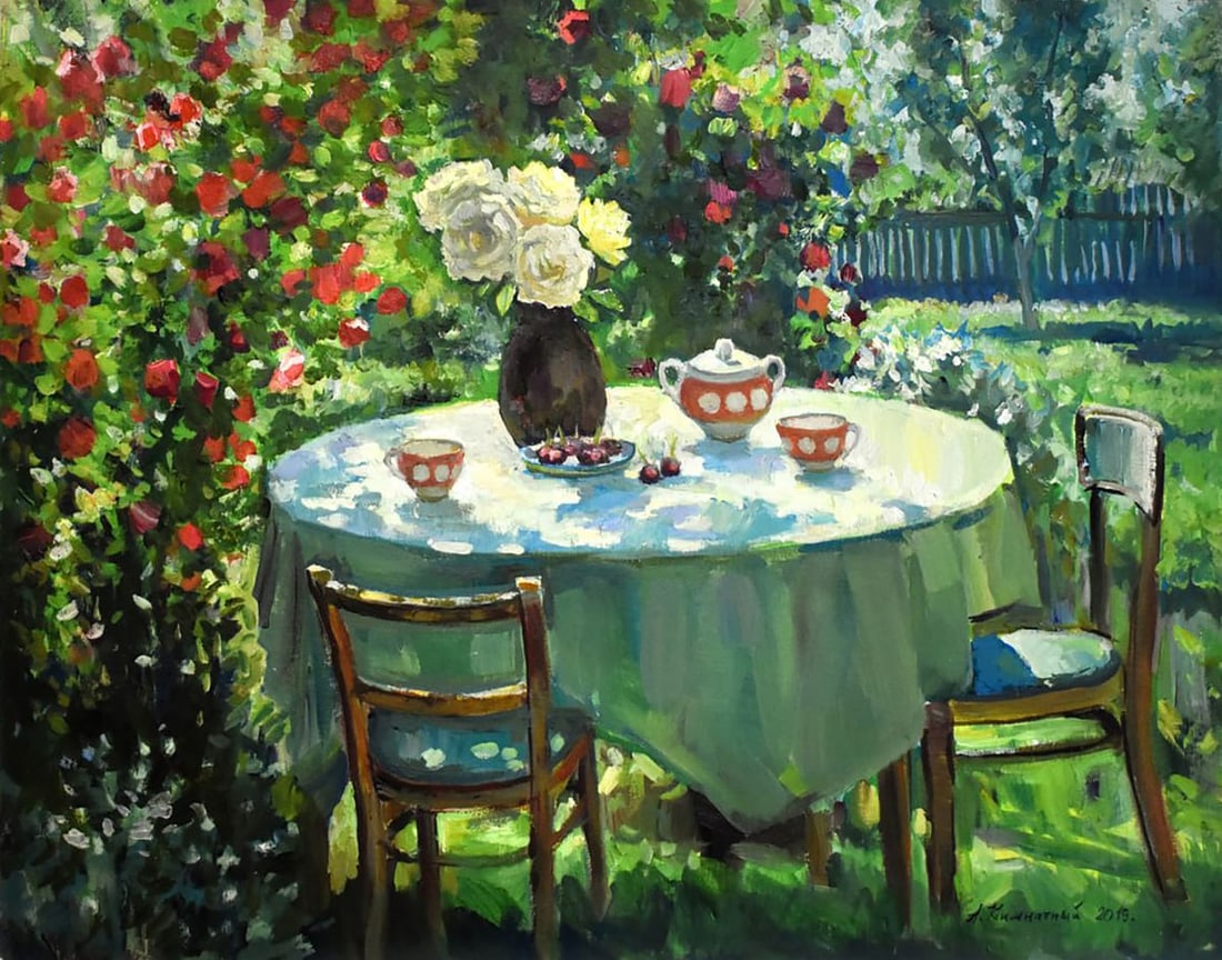 Oil painting Tea Party With Rose Scent Anatoly Kymnatny: Title: Oil painting Tea Party With Rose Scent Anatoly Kymnatny Description: NoKym 10*** ABOUT THIS PAINTING **** TITLE: "Tea Party With Rose Scent"* ARTISTS: Anatoly Kymnatny* SIZE: 40x50 cm/'15.74x19