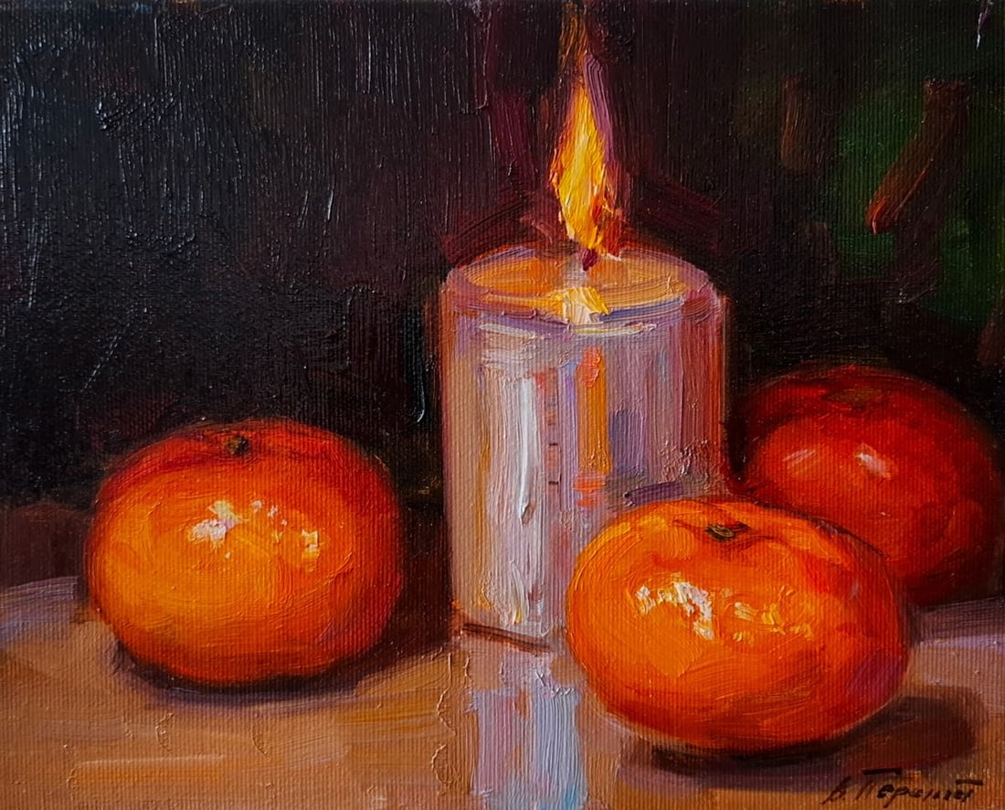 Oil painting Mardarines and a candle Pereta Vyacheslav: Title: Oil painting Mardarines and a candle Pereta Vyacheslav Description: NoTep 155The oil painting on canvas titled "Mandarines and a Candle" captures a moment of warmth and stillness through a