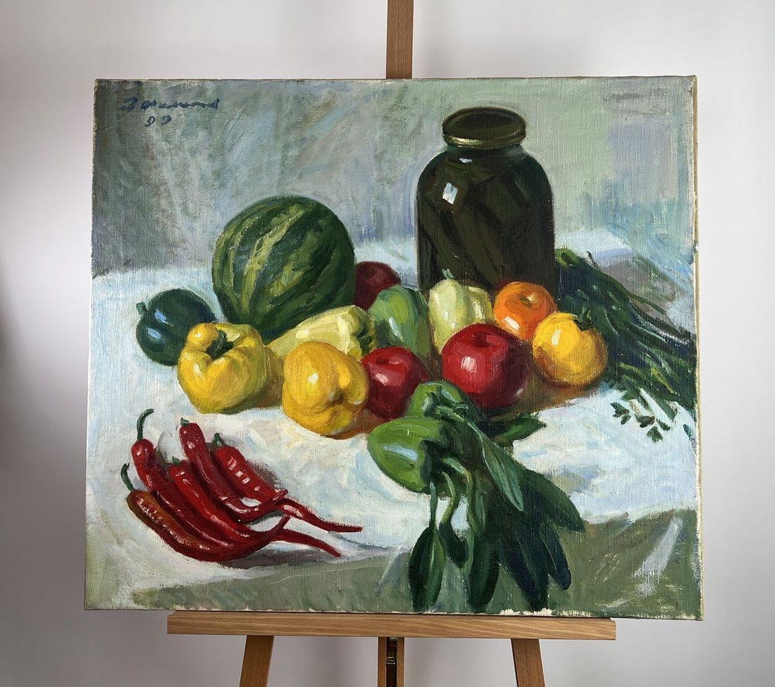 Oil painting On the dining table Zinovy Filippov: Title: Oil painting On the dining table Zinovy Filippov Description: NoAAA5154The oil painting on Canvas titled "On the Dining Table" presents a vivid and tactile celebration of nature's abundance,