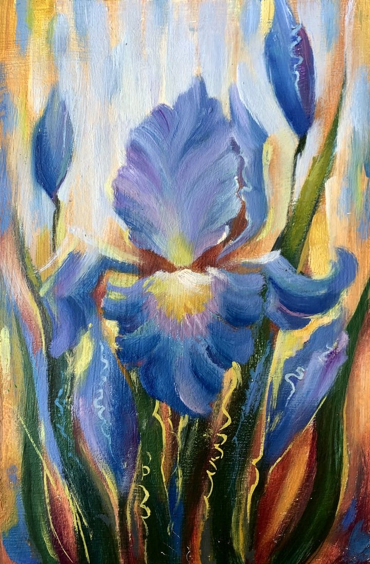 Oil painting Flowers are blooming Mykhailo Burdylo: Title: Oil painting Flowers are blooming Mykhailo Burdylo Description: NoAAA3430The oil painting titled "Flowers Are Blooming" presents a vibrant and expressive depiction of a blooming iris in full