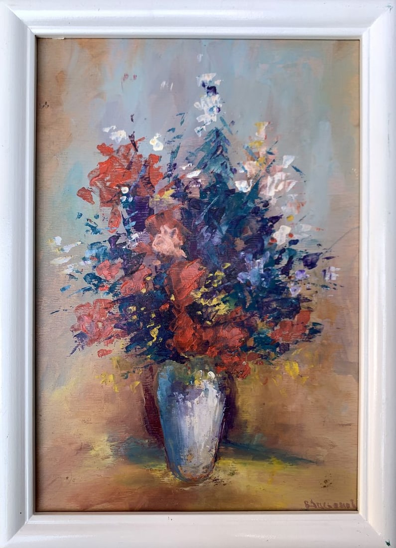 Oil painting Spring flowers Unknown artist: Title: Oil painting Spring flowers Unknown artist Description: NoAAA3463The painting titled "Spring Flowers" is a vibrant and expressive representation of a bouquet arranged in a simple yet elegant