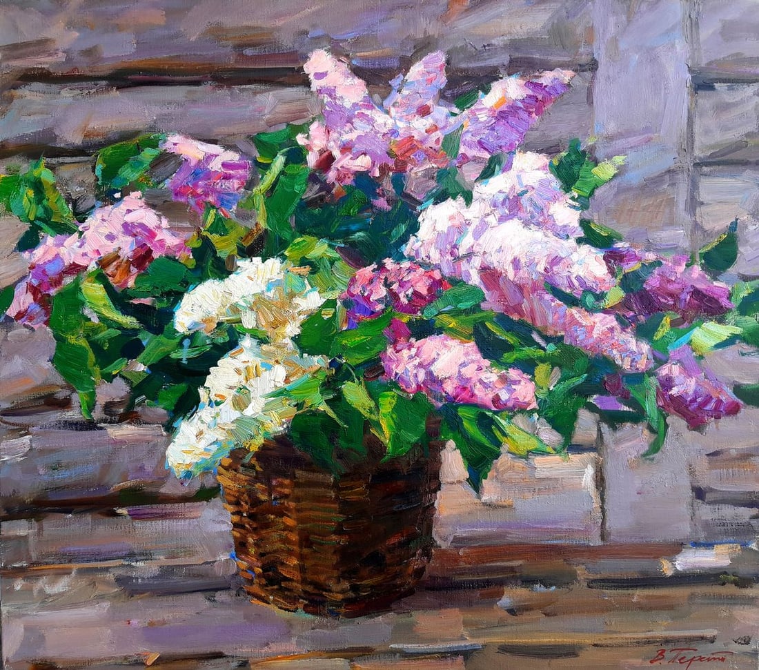 Oli painting Basket with lilac Tepeta Miacheslav: Title: Oli painting Basket with lilac Tepeta Miacheslav Description: NoTep 111 *** ABOUT THIS PAINTING *** * TITLE: "Basket with lilac" * ARTISTS: Tepeta Miacheslav * SIZE: 80x90 cm/'31.49x35.43 inche