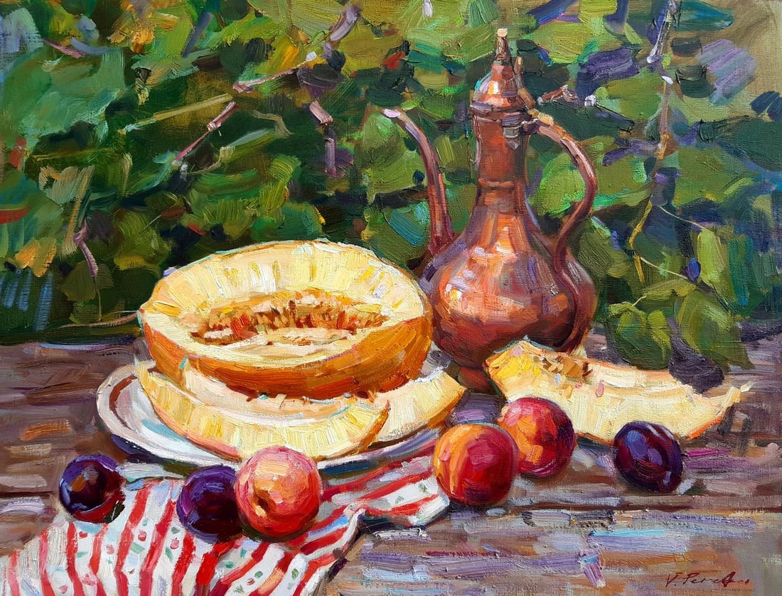 Oli painting Kumgan and melon Tepeta Miacheslav: Title: Oli painting Kumgan and melon Tepeta Miacheslav Description: NoTep 112 *** ABOUT THIS PAINTING *** * TITLE: "Kumgan and melon" * ARTISTS: Tepeta Miacheslav * SIZE: 50x70 cm/'19.68x27.55 inches'