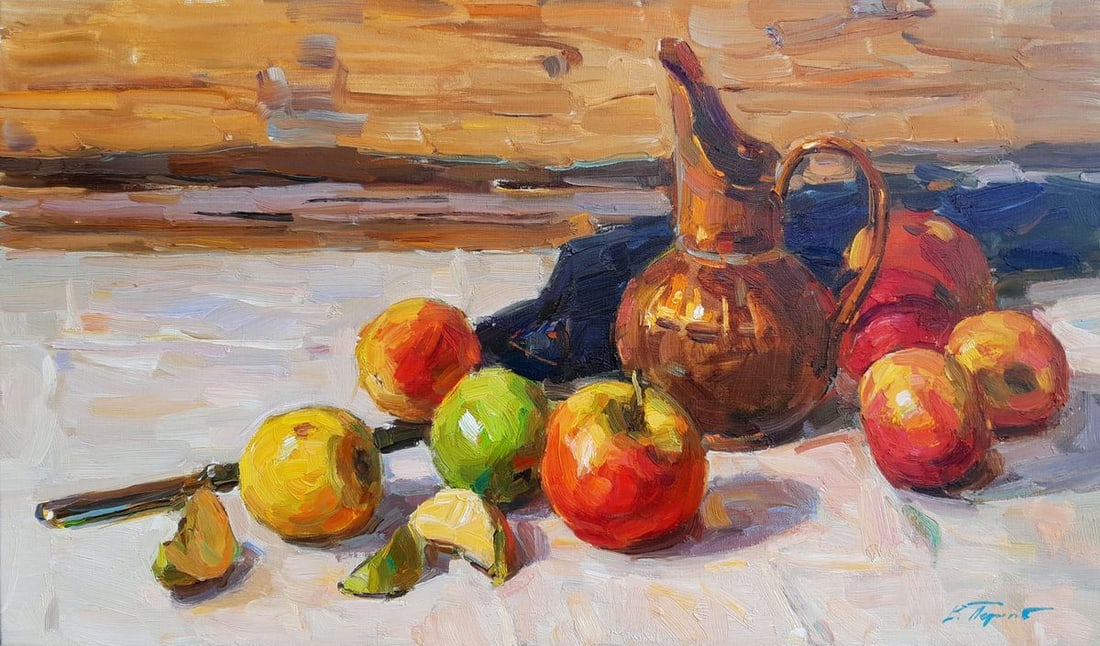 Oli painting Jug and fruit Miacheslav Tepeta: Title: Oli painting Jug and fruit Miacheslav Tepeta Description: NoTep 139The oil painting titled "Jug and Fruit" is a vibrant still life that captures the simple beauty of everyday objects. The compo