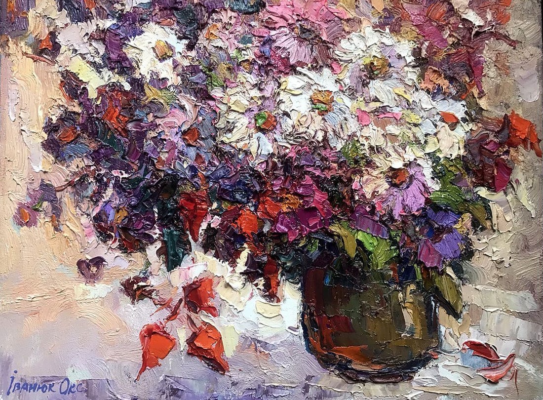 Oil painting Daisies Kalenyuk Oksana: Title: Oil painting Daisies Kalenyuk Oksana Description: NoKalen 1013 The oil painting captures a delightful still life of flowers in vibrant colors. The main focus of the painting is a group of