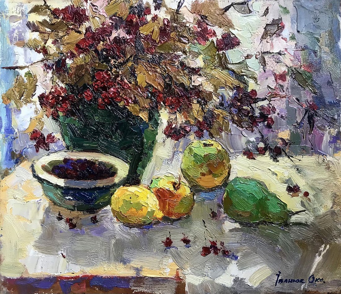 Oil painting Red viburnum Kalenyuk Oksana: Title: Oil painting Red viburnum Kalenyuk Oksana Description: NoKalen 1017 This oil painting is a stunning still life composition that captures the beauty of nature's bounty. The focal point of the pa