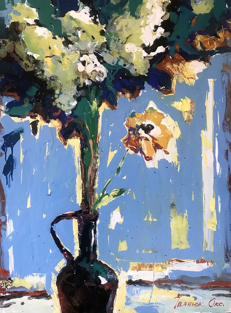 Oil painting Morning flowers Kalenyuk Oksana: Title: Oil painting Morning flowers Kalenyuk Oksana Description: NoKalen 1064"Morning Flowers" is a captivating oil painting that seamlessly combines elements of abstraction and still life, creating a