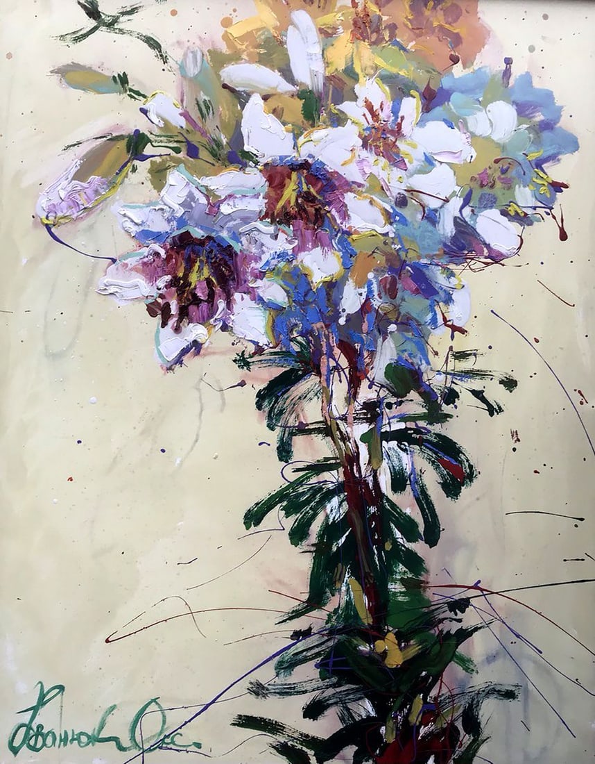 Oil painting Lilies Kalenyuk Oksana: Title: Oil painting Lilies Kalenyuk Oksana Description: NoKalen 1123"Lilies" is a captivating oil painting that showcases the timeless beauty of a still life composition. Set against a serene beige ba