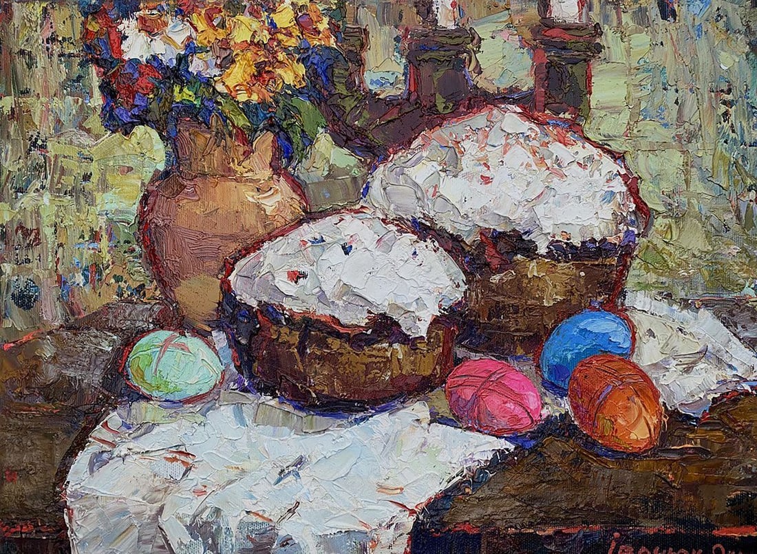 Oil painting Easter Kalenyuk Oksana: Title: Oil painting Easter Kalenyuk Oksana Description: NoKalen 1205"Easter" is an enchanting oil painting that captures the vibrant essence of a festive table setting during the springtime holiday.