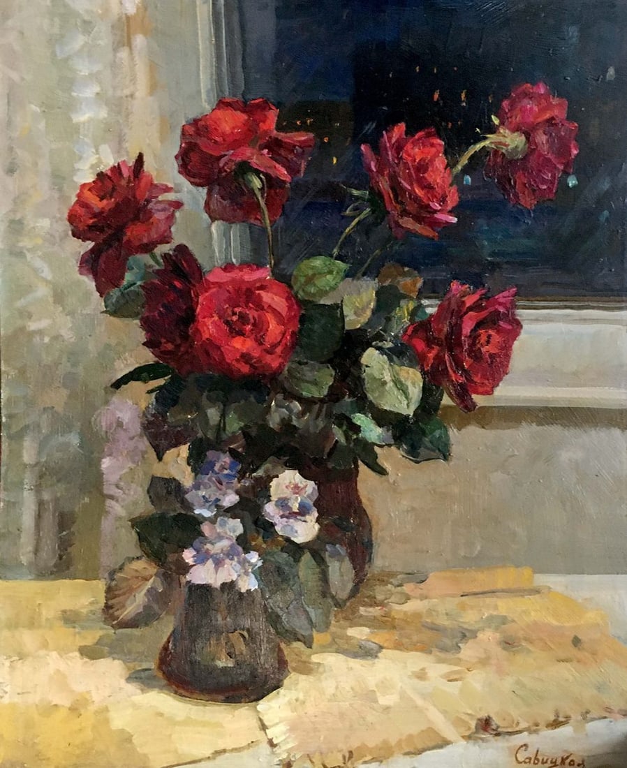 Oil painting Red roses Natalya Alexandrovna Savitskaya: Title: Oil painting Red roses Natalya Alexandrovna Savitskaya Description: NoVerns 13 *** ABOUT THIS PAINTING *** * TITLE: "Red roses" * ARTISTS: Natalya Alexandrovna Savitskaya * SIZE: 60x50 cm/'23.6