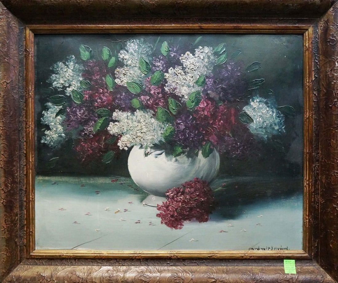 Oil painting Still life with lilacs: Title: Oil painting Still life with lilacs Description: NoVerns 91 *** ABOUT THIS PAINTING *** * TITLE: "Still life with lilacs" * ARTISTS: Unknown artist * SIZE: 71x84 cm/'27.95x33.07 inches' *