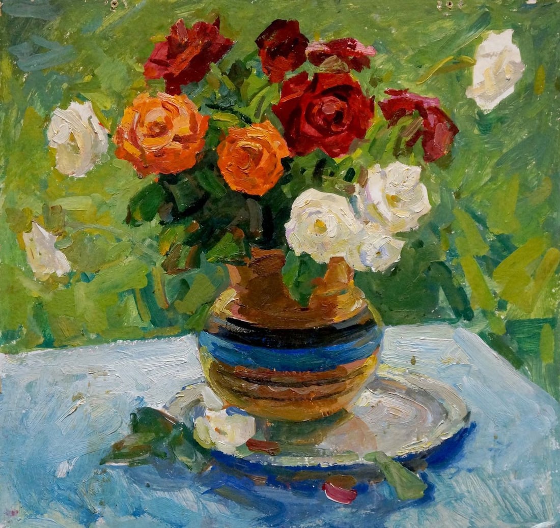 Oil painting Roses: Title: Oil painting Roses Description: NoVerns 410 *** ABOUT THIS PAINTING *** * TITLE: "Roses" * ARTISTS: Unknown artist * SIZE: 49x51 cm/'19.29x20.07 inches' * MEDIUM: oil, cardboard * HAND