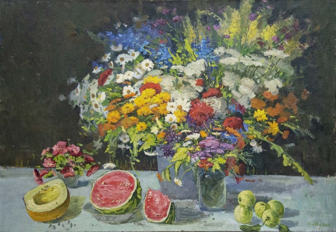 Oil painting Flowers Zhugan Vladimir Alexandrovich: Title: Oil painting Flowers Zhugan Vladimir Alexandrovich Description: NoVernd 158 *** ABOUT THIS PAINTING *** * TITLE: "Flowers" * ARTISTS: Zhugan Vladimir Alexandrovich * SIZE: 110x160 cm/'43.30x62.