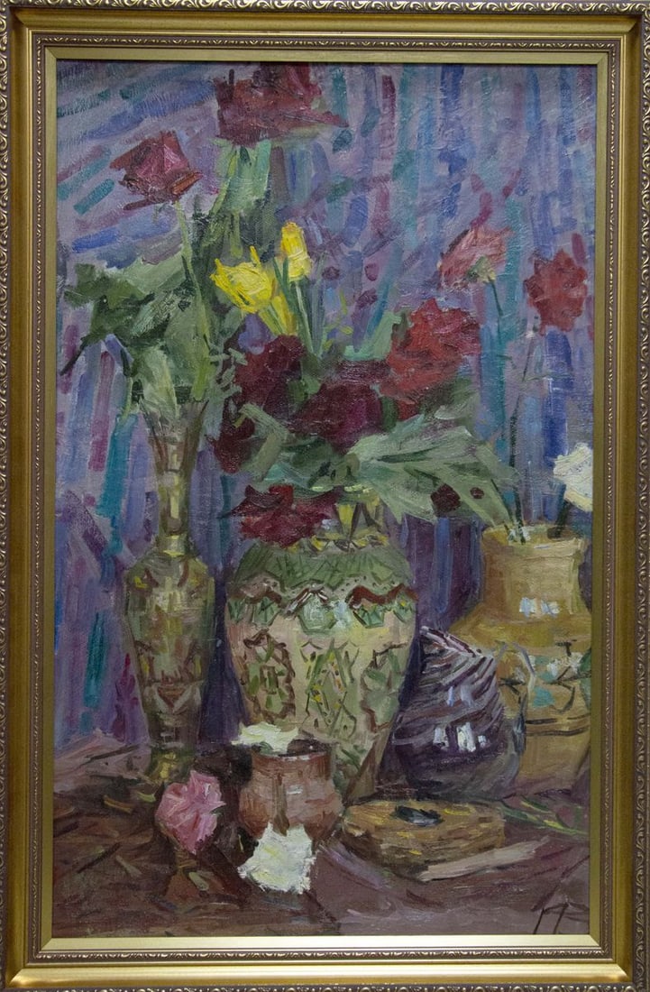 Oil painting Flowers Ryasnyansky Mikhail Alekseevich: Title: Oil painting Flowers Ryasnyansky Mikhail Alekseevich Description: NoVernd 207 *** ABOUT THIS PAINTING *** * TITLE: "Flowers" * ARTISTS: Ryasnyansky Mikhail Alekseevich * SIZE: 52x83 cm/'20.47x3
