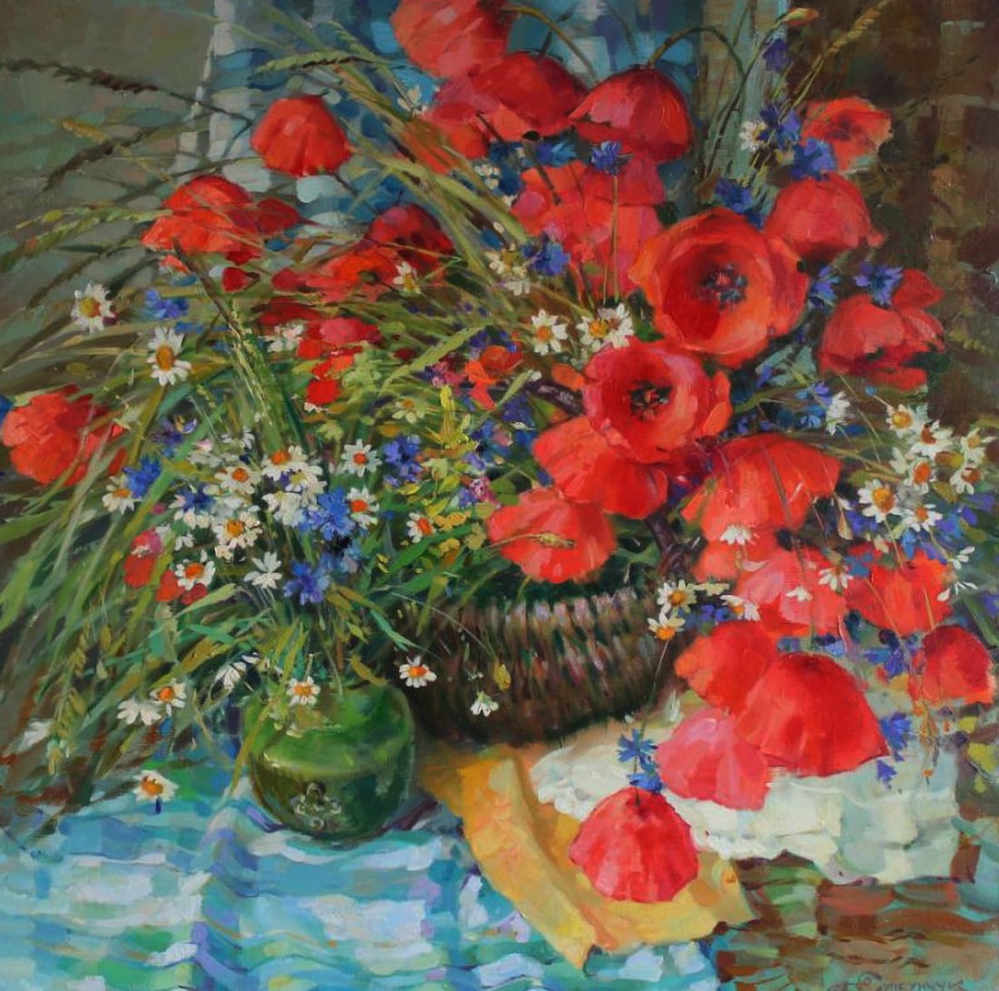 Oil painting Still life with poppies Yuriy Suprunchuk: Title: Oil painting Still life with poppies Yuriy Suprunchuk Description: NoSUPR2The Oil painting on Canvas titled "Still life with poppies" presents a vivid and emotionally charged celebration of col