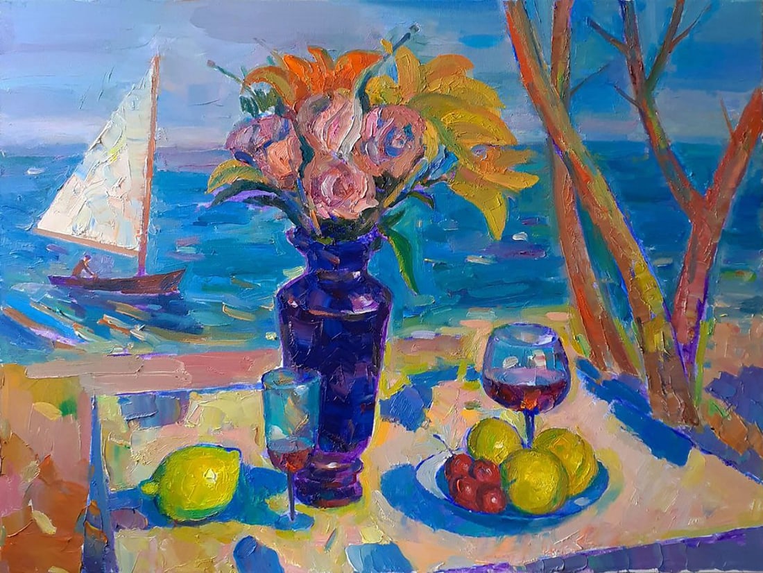 Oil painting Still life against the background of the sea Peter Dobrev: Title: Oil painting Still life against the background of the sea Peter Dobrev Description: NoDobr 873The Oil painting on Canvas titled "Still life against the background of the sea" presents a