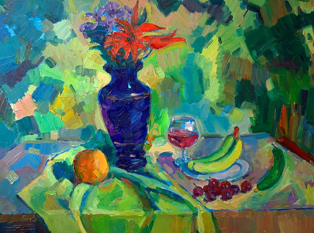 Oil painting Still life in the garden Peter Dobrev: Title: Oil painting Still life in the garden Peter Dobrev Description: NoDobr 874The Oil painting on Canvas titled "Still life in the garden" captures an intimate and radiant moment where nature and