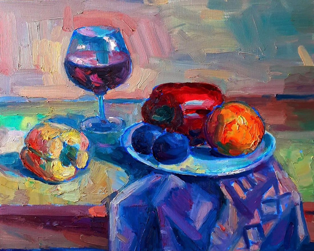 Oil painting Romance with wine and fruits Peter Dobrev: Title: Oil painting Romance with wine and fruits Peter Dobrev Description: NoDobr 890The Oil painting on Canvas titled "Romance with wine and fruits" is an evocative still life that transcends mere re