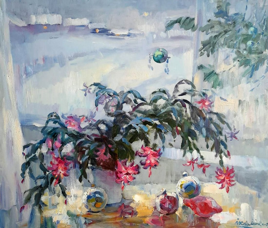 Oil painting Flowers on the windowsill Ivan Kovalenko: Title: Oil painting Flowers on the windowsill Ivan Kovalenko Description: NoKoval 225The painting "Flowers on the Windowsill" captures a peaceful, wintery interior scene, where a lush flowering plant