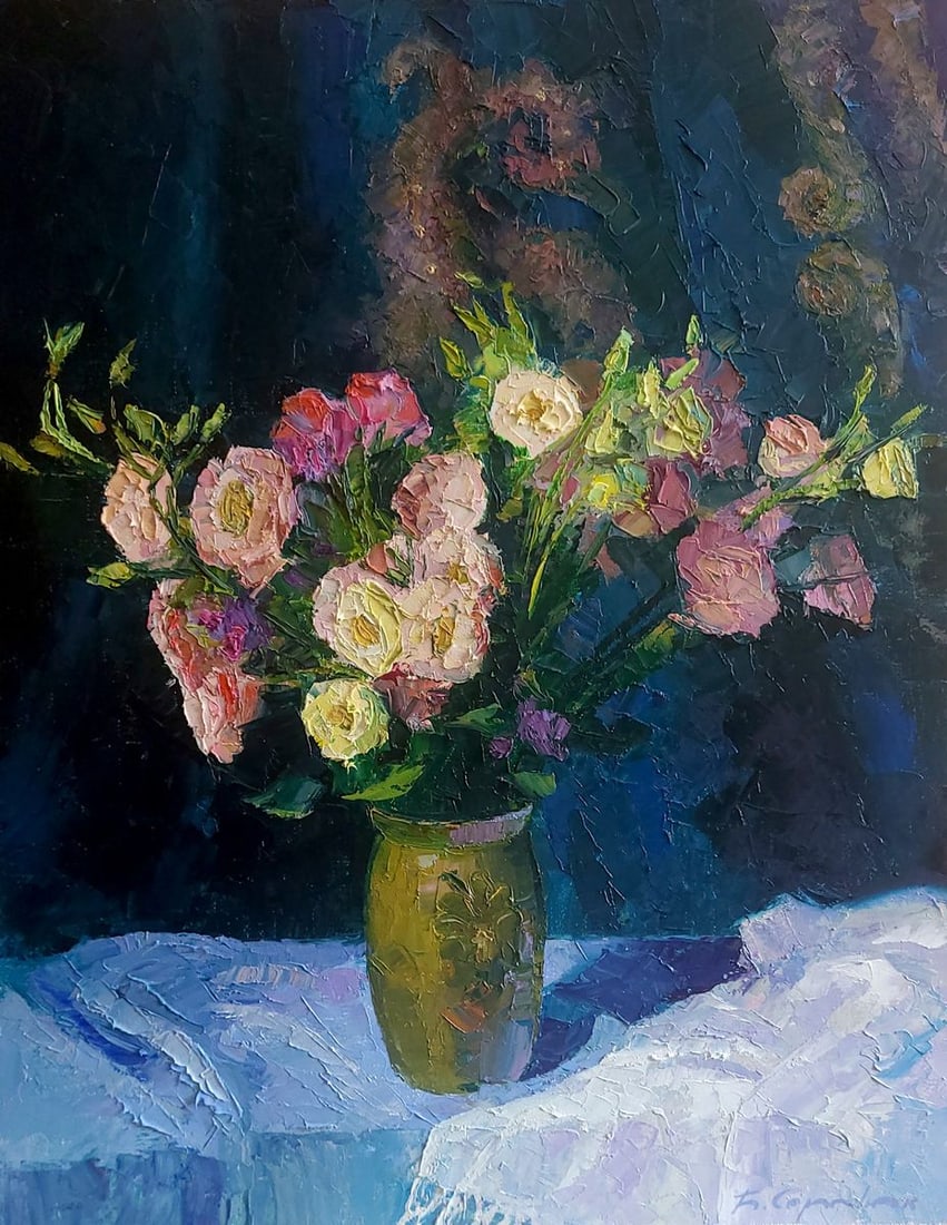 Oil painting Eustoma Boris Serdyuk: Title: Oil painting Eustoma Boris Serdyuk Description: NoSERB 1098The painting titled "Eustoma" beautifully captures the elegance and delicacy of a bouquet of eustoma flowers arranged in a green