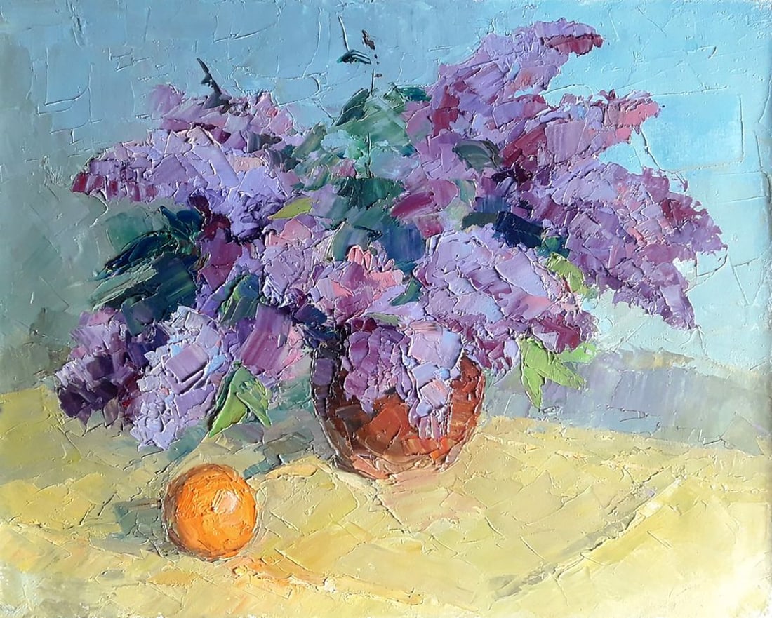 Oil painting Lilac and tangerine Boris Serdyuk: Title: Oil painting Lilac and tangerine Boris Serdyuk Description: NoSERB 1124The painting titled "Lilac and Tangerine" is a delicate and vibrant still-life composition that captures the harmony of co