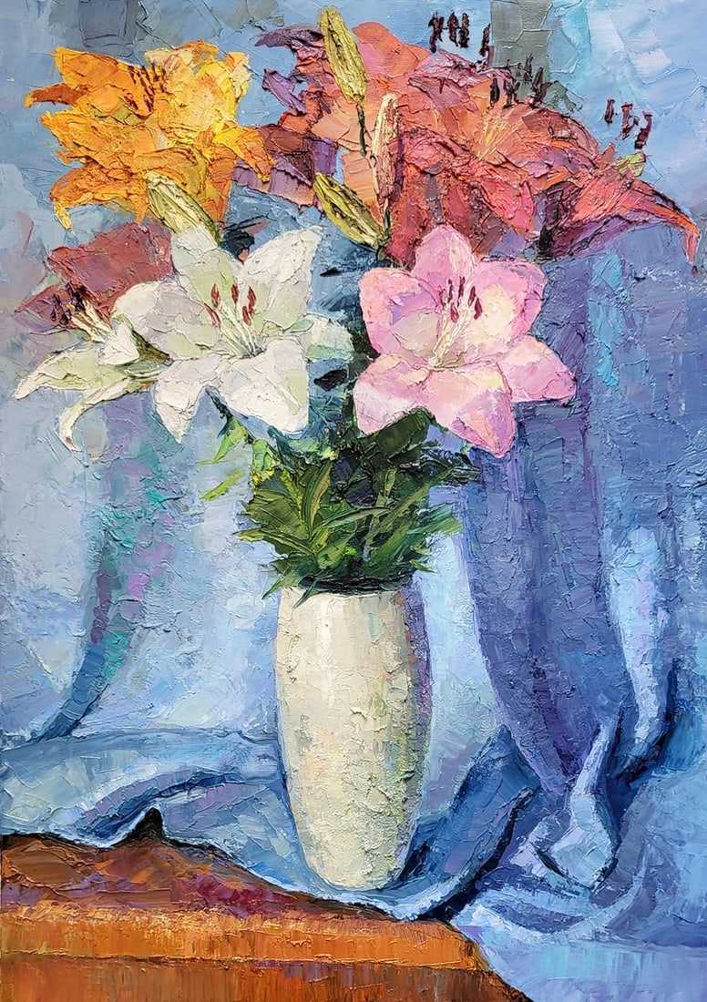 Oil painting Lilies Serdyuk Boris Petrovich: Title: Oil painting Lilies Serdyuk Boris Petrovich Description: NoSERB 914"Lilies" is an exquisite oil painting that captures the serene beauty of a still life with remarkable attention to detail and 