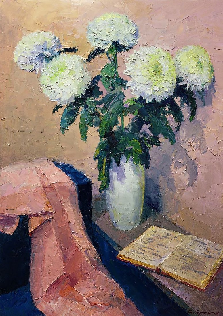 Oil painting White chrysanthemums Boris Serdyuk: Title: Oil painting White chrysanthemums Boris Serdyuk Description: NoSERB 1039The oil painting titled "White Chrysanthemums" is an exquisite still life that exudes a sense of quiet elegance and conte