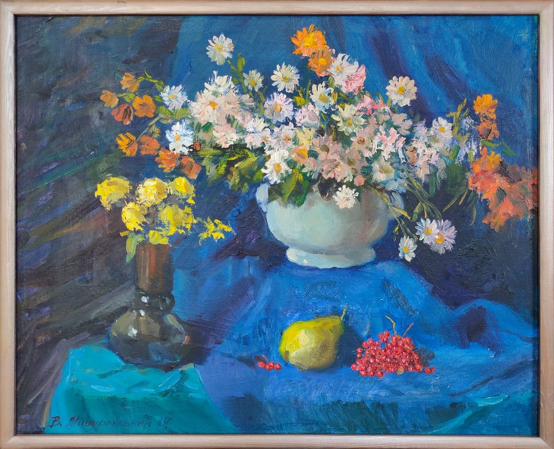 Oil painting Chrysanthemums on a blue background Mishurovsky V. V.: Title: Oil painting Chrysanthemums on a blue background Mishurovsky V. V. Description: No10 *** ABOUT THIS PAINTING *** * TITLE: "Chrysanthemums on a blue background" * ARTISTS: Mishurovsky V. V. * SI