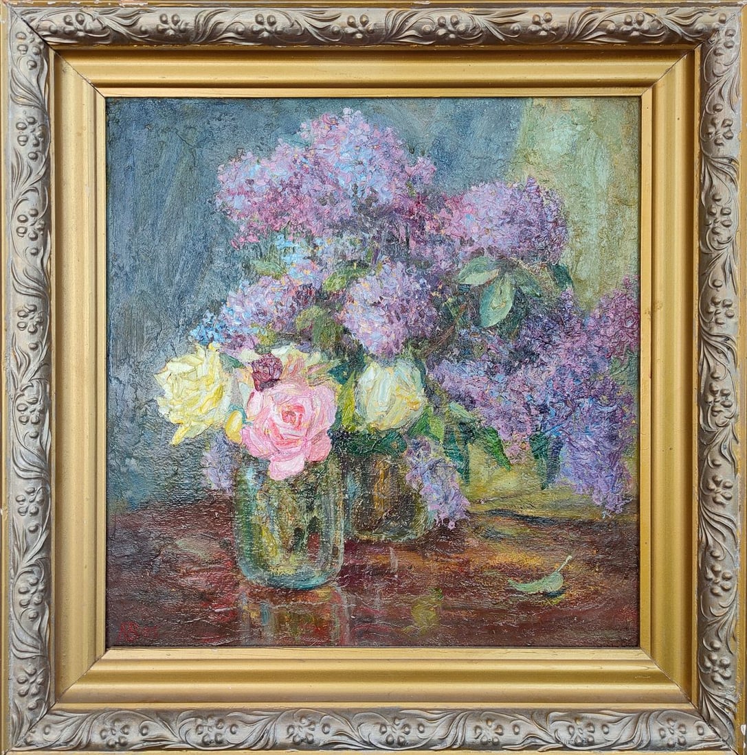 Oil painting Lilac and roses Mishurovsky V. V.: Title: Oil painting Lilac and roses Mishurovsky V. V. Description: No17 *** ABOUT THIS PAINTING *** * TITLE: "Lilac and roses" * ARTISTS: Mishurovsky V. V. * SIZE: 40x37 cm/ 15.74x14.56 inches *