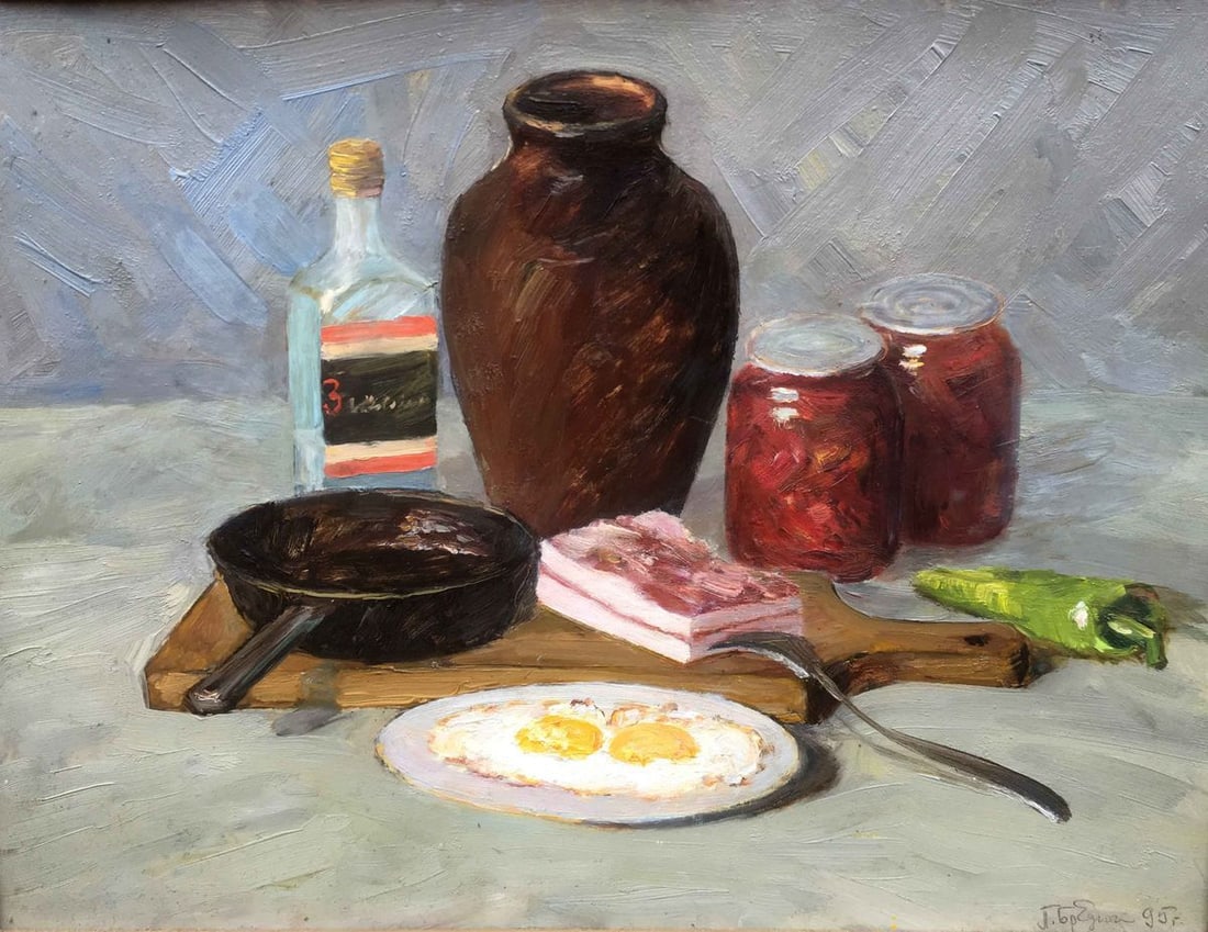 Oil painting food and drink salo eggs vodka bread, borsh Bredyuk Pavel Feodosiyevich (1 of 9)