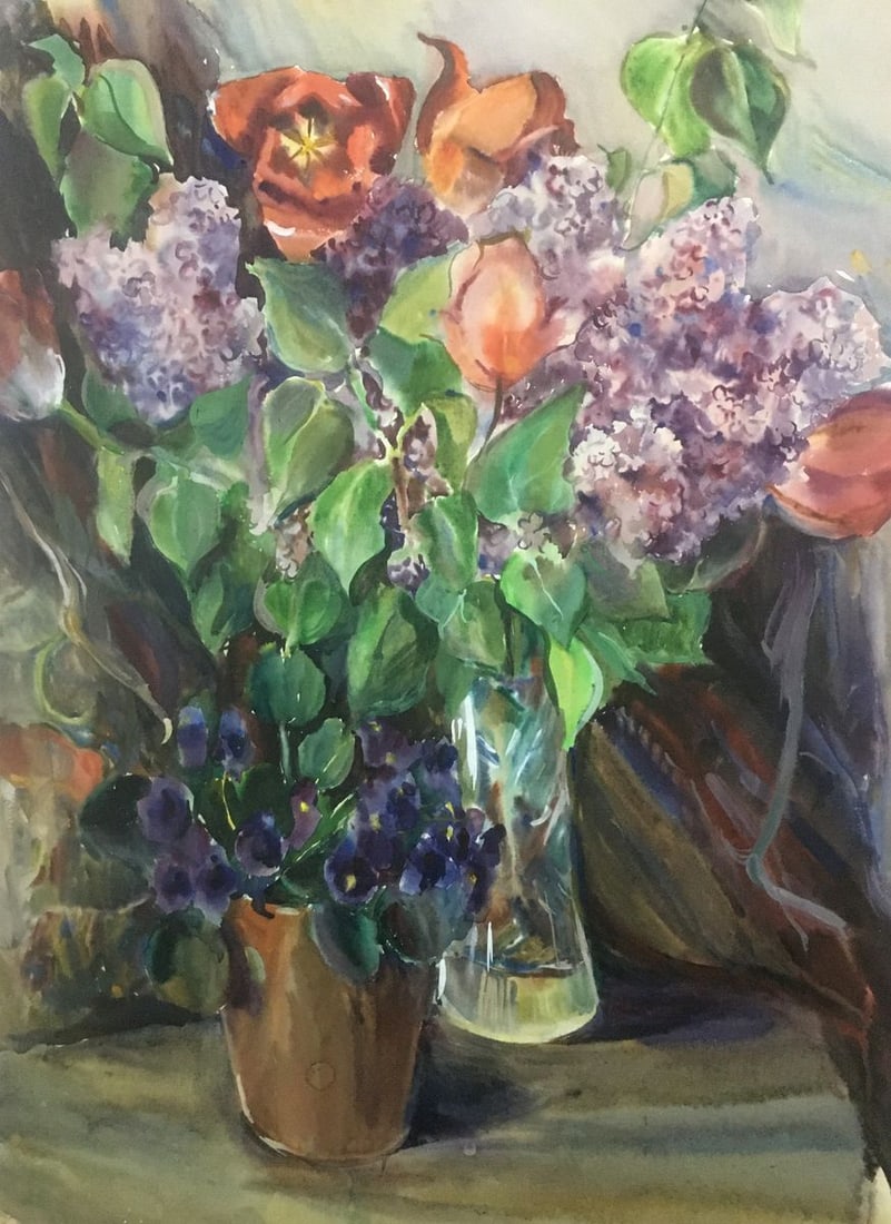 Watercolor painting Tulips with lilacs Palazhchenko Irina (1 of 8)