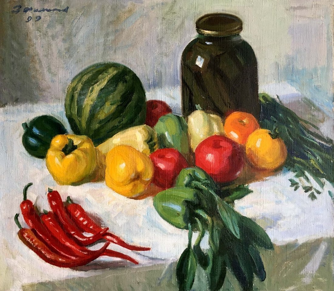 Oil painting Still life with vegetables Filippov Z. I.: Title: Oil painting Still life with vegetables Filippov Z. I. Description: No844 *** ABOUT THIS PAINTING *** * TITLE: "Still life with vegetables" * ARTISTS: Filippov Z. I. * SIZE: 70x80
