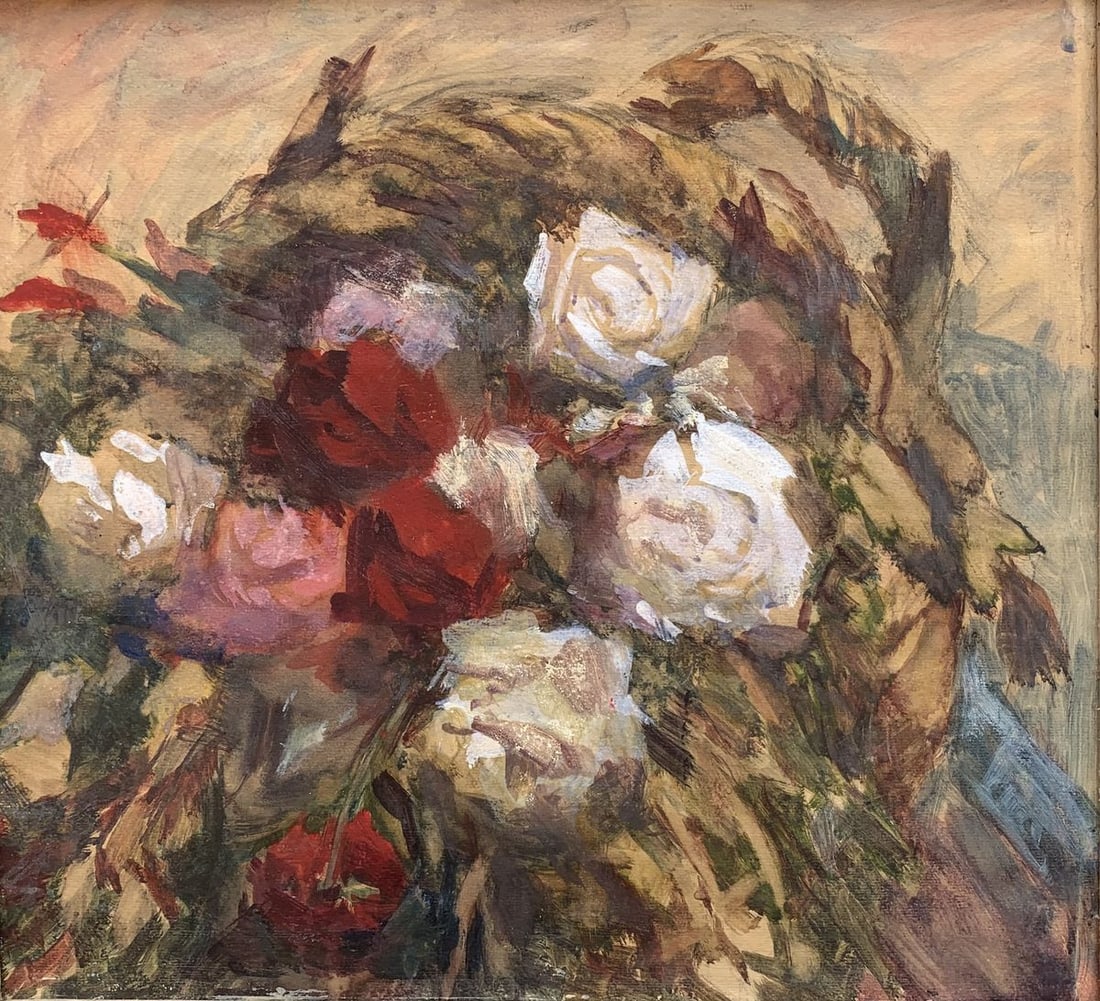 Oil painting Suitor: Title: Oil painting Suitor Description: No1504 *** ABOUT THIS PAINTING *** * TITLE: " Roses in a basket " * ARTISTS: Unknown artist * SIZE: 55x60 cm/' 19,68x28,34 inches' * MEDIUM: oil, canvas * HAND
