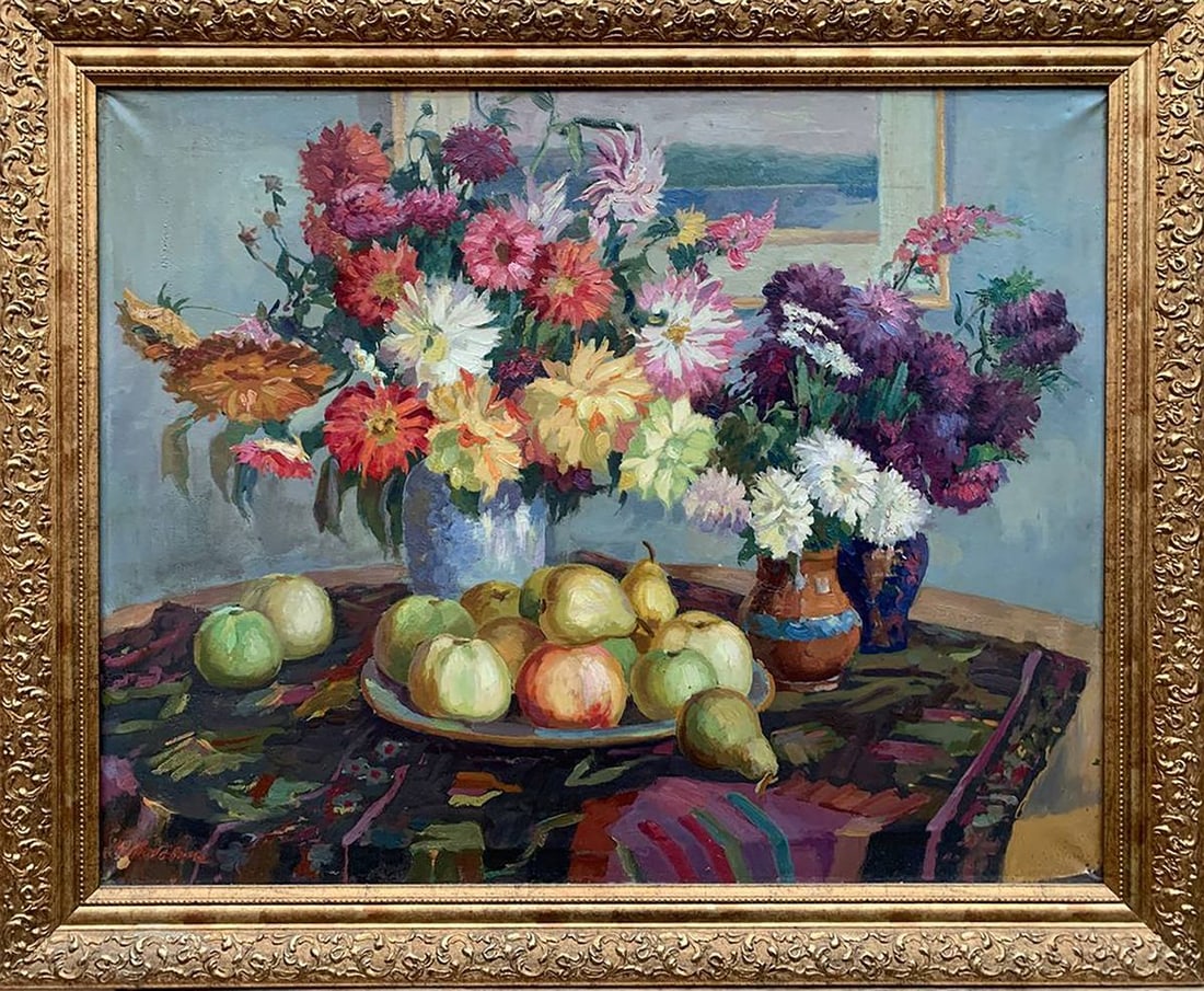 Oil painting Flowers and fruits Lyubavin Yury Mikhailovich: Title: Oil painting Flowers and fruits Lyubavin Yury Mikhailovich Description: No1611 *** ABOUT THIS PAINTING *** * TITLE: "Flowers and fruits" * ARTISTS: Lyubavin Yury Mikhailovich * SIZE: 65x80 cm/'