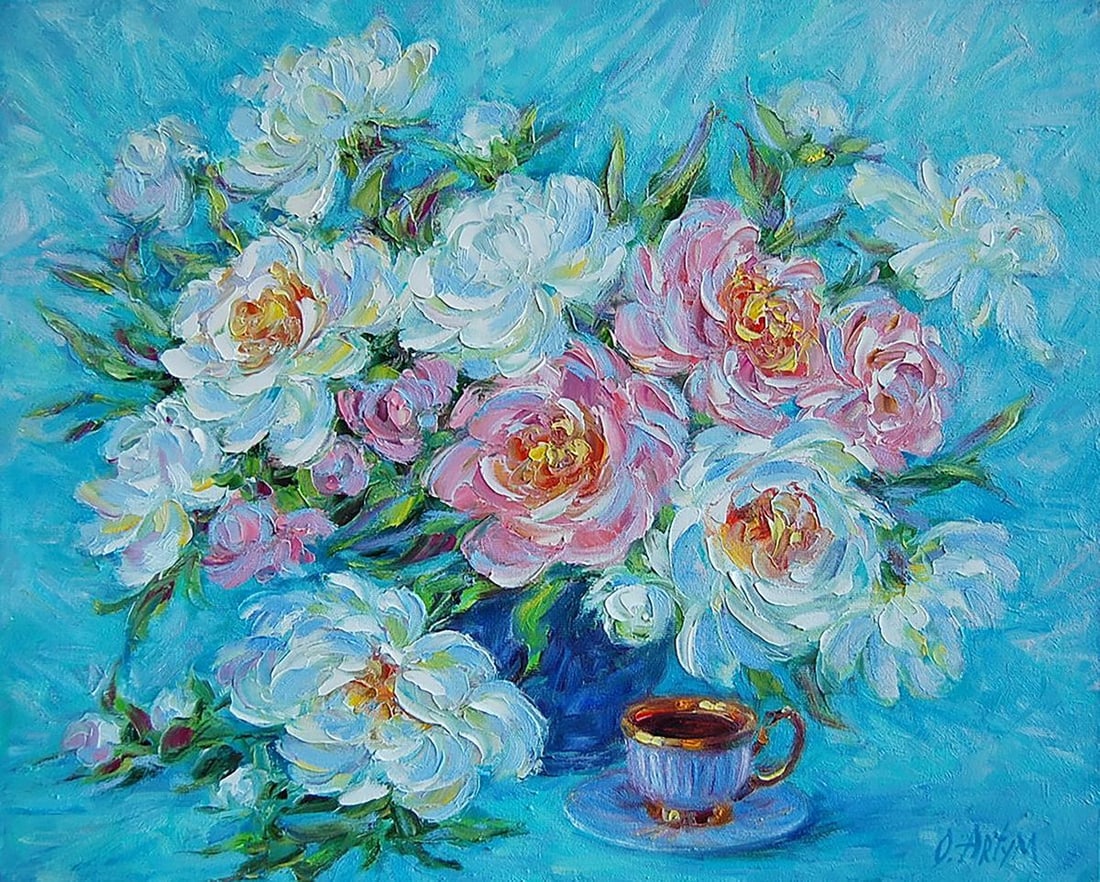 Oil painting Peonies on blue Kotmin Olga: Title: Oil painting Peonies on blue Kotmin Olga Description: NoKotmin 41*** ABOUT THIS PAINTING **** TITLE: "Peonies on blue"* ARTISTS: Kotmin Olga* SIZE: 40x50 cm/'15.74x19.68 inches' * MEDIUM: oil,