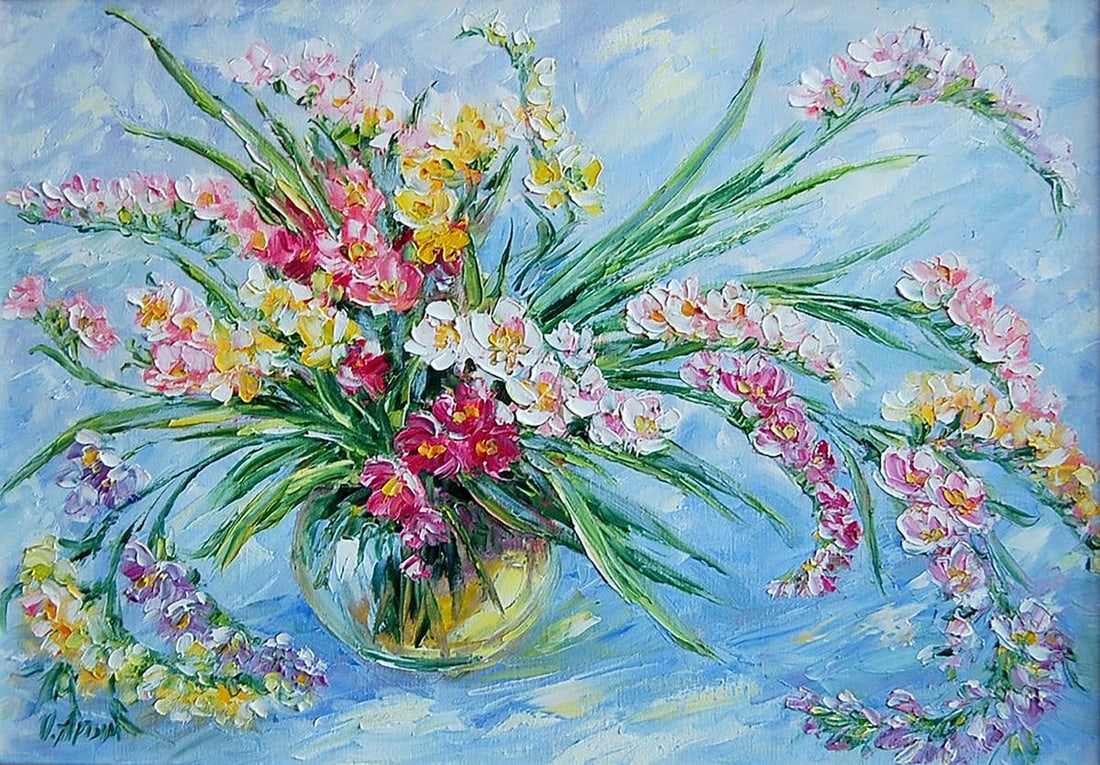 Oil painting Freesias Kotmin Olga: Title: Oil painting Freesias Kotmin Olga Description: NoKotmin 51*** ABOUT THIS PAINTING **** TITLE: "Freesias"* ARTISTS: Kotmin Olga* SIZE: 40x60 cm/'15.74x23.62 inches' * MEDIUM: oil, canvas* HAND P