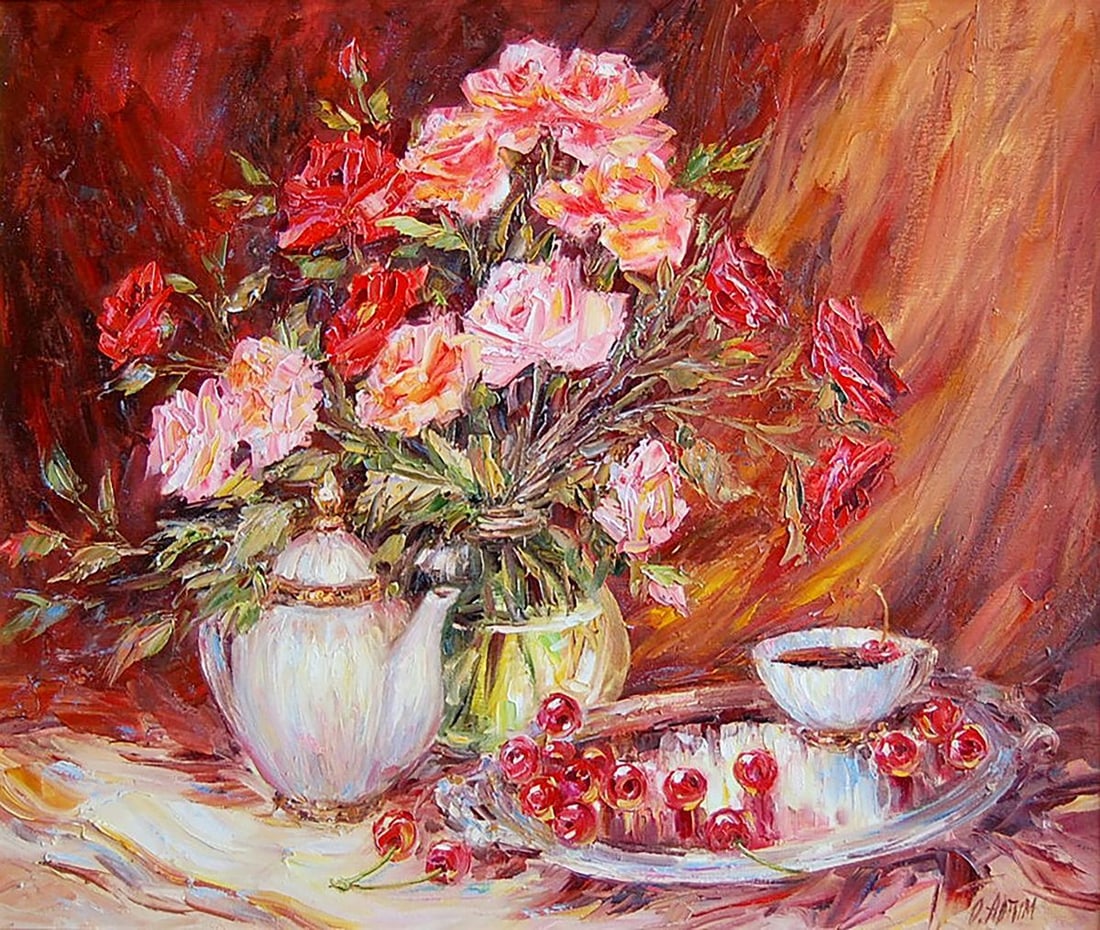 Oil painting Cherry tea Kotmin Olga: Title: Oil painting Cherry tea Kotmin Olga Description: NoKotmin 57*** ABOUT THIS PAINTING **** TITLE: "Cherry tea"* ARTISTS: Kotmin Olga* SIZE: 60x70 cm/'23.62x27.55 inches' * MEDIUM: oil, canvas* HA