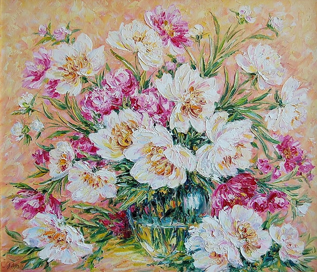 Oil painting Peonies on apricot background Kotmin Olga: Title: Oil painting Peonies on apricot background Kotmin Olga Description: NoKotmin 58*** ABOUT THIS PAINTING **** TITLE: "Peonies on apricot background"* ARTISTS: Kotmin Olga* SIZE: 60x70