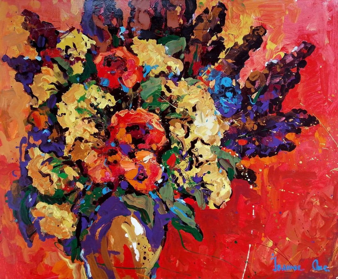 Oil painting Flowers on a red canvas Kalenyuk Oksana: Title: Oil painting Flowers on a red canvas Kalenyuk Oksana Description: NoKalen 171 *** ABOUT THIS PAINTING *** * TITLE: "Flowers on a red canvas" * ARTISTS: Kalenyuk Oksana * SIZE: 100x120 cm/'39.37