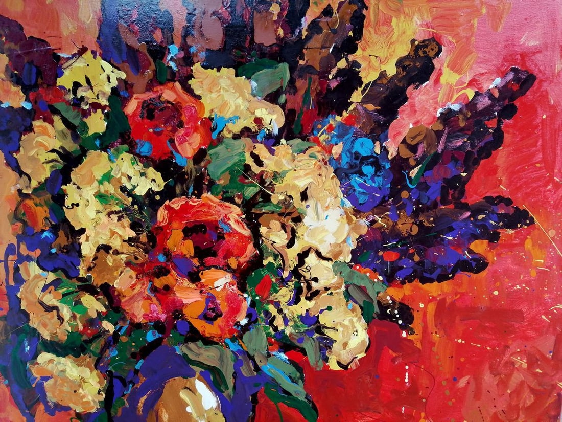 Oil painting Flowers on a red canvas Kalenyuk Oksana - 2