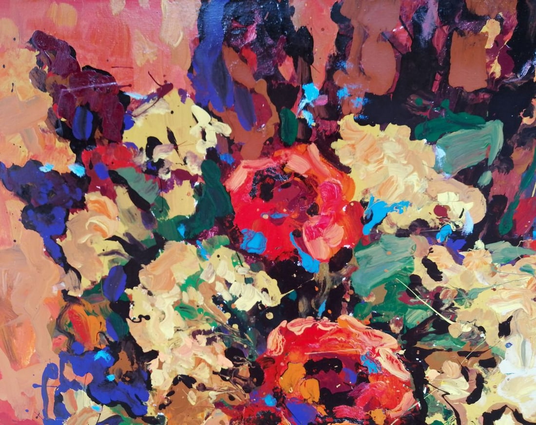 Oil painting Flowers on a red canvas Kalenyuk Oksana - 4